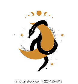 Magic snake in boho style with moon. Mystical symbol in a trendy minimalist style. Esoteric vector illustration.