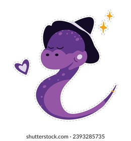 Magic snake. Cute character in witch hat and decorative elements. Sticker with dotted line. Isolate