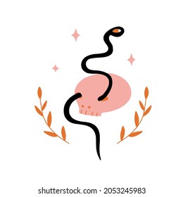 Magic snake, leaves and skull. Doodle boho abstract illustration for tatoo, card, poster, sticker, t-shirt print. Witch symbols. Hand drawn witchcraft esoteric concept. Flat vector