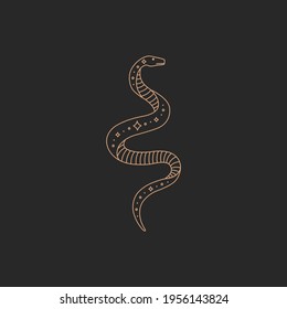 Magic snake logo, gold simple contour line, boho style on black background, modern trendy hand drawn vector magic astrology symbol and mystic design element for tattoo, doodle flat shape illustration