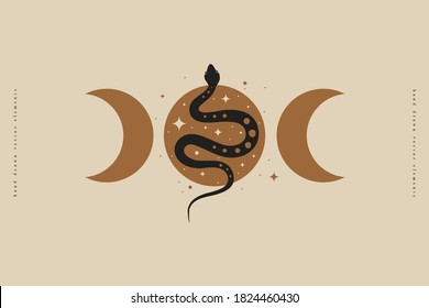 Magic snake with moon and crescents. Mystical symbols in a trendy minimalist style on a light background. Magic illustration for spiritual practices of ethnic magic and astrological rites.