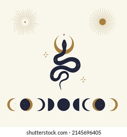 Magic snake with moon, star and crescents. Mystical symbols in a trendy minimalist style on a light background. Cosmic minimalistic scene with snake, branch, celestial bodies.