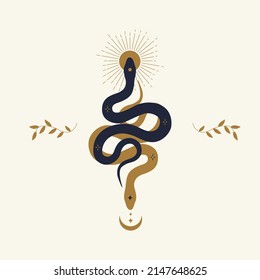 Magic snake with moon, star and crescents. Mystical symbols in a trendy minimalist style on a light background. Cosmic minimalistic scene with snake, branch, celestial bodies.