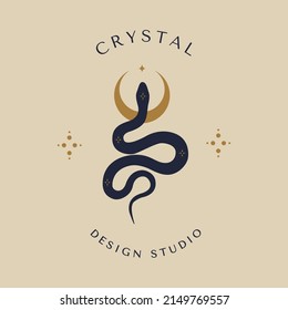 Magic snake with moon, star and crescents. Mystical symbols in a trendy minimalist style on a light background. Cosmic minimalistic scene with snake, branch, celestial bodies.