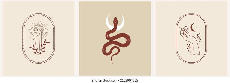 Magic snake with moon, star and crescents. Mystical symbols in a trendy minimalist style on a light background. Cosmic minimalistic scene with snake, branch, celestial bodies.