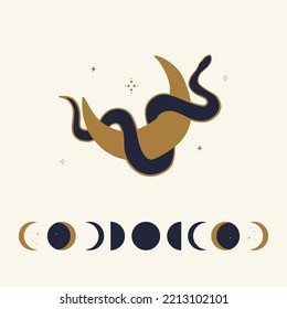 Magic snake with moon, star and crescents. Mystical symbols in a trendy minimalist style on a light background. Cosmic minimalistic scene with snake, branch, celestial bodies.