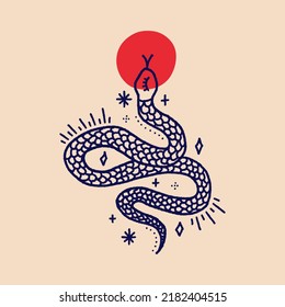 Magic snake with moon and stars clipart. Mystical dark boho style symbolic, distressed witchy gothic spiritual illustration, ethnic astrological rite symbol, good for tattoo.
