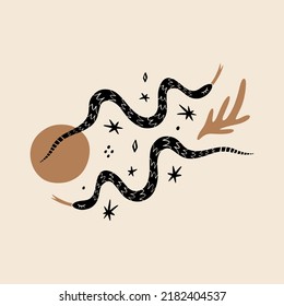 Magic snake with moon and stars clipart. Mystical dark boho style symbolic, distressed witchy gothic spiritual illustration, ethnic astrological rite symbol, good for tattoo.