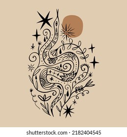 Magic snake with moon and stars clipart. Mystical dark boho style symbolic, distressed witchy gothic spiritual illustration, ethnic astrological rite symbol, good for tattoo.