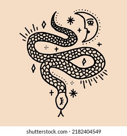 Magic snake with moon and stars clipart. Mystical dark boho style symbolic, distressed witchy gothic spiritual illustration, ethnic astrological rite symbol, good for tattoo.