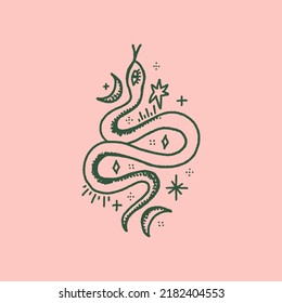 Magic snake with moon and stars clipart. Mystical dark boho style symbolic, distressed witchy gothic spiritual illustration, ethnic astrological rite symbol, good for tattoo.