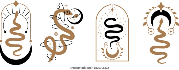 Magic snake with moon,star and crescents. Mystical symbols in a trendy minimalist style on a light background. Cosmic minimalistic scene with snake, branch, celestial bodies. Boho style print