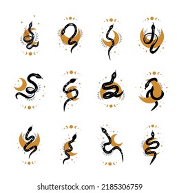 La magia de las serpientes al estilo boho con la luna. Símbolos místicos de diseño minimalista. Ilustración vectorial esotérica.