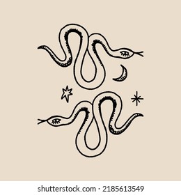 Magic snakes with moon and stars clipart. Mystical dark boho style symbolic, distressed witchy gothic spiritual illustration, ethnic astrological rite symbol, good for tattoo.