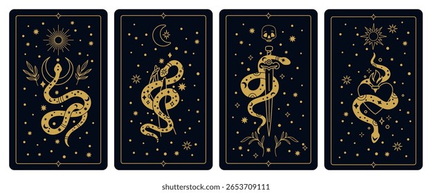 Magic snakes tarot. Mystical cards shirts design, esoteric trendy elements, notebook cover or print. Occult serpent silhouettes, spiritual symbols, gold reptiles, garish vector set