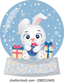 Globo de nieve mágico. Hermoso conejito con regalos. Ilustración vectorial al estilo infantil de dibujos animados