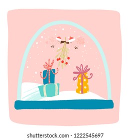 magic snow globe inside Christmas gifts with bows, birds in red hats are a branch of mistletoe, snow.