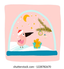 magic snow globe inside a pink bird in a red hat, a blue gift with a yellow bow, a fir tree branch with new year's toys, the moon and stars are shining