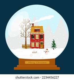 Magic snow globe on a blue background. Crystal ball with trees and a house, with a snowy Christmas tree, falling snow, mountains, a snowman and a sleigh. Festive design for postcard, poster, website.