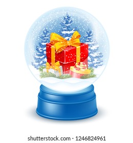 Magic snow globe on white background. Christmas and New Year gift boxes inside in snow and on fir trees background. Vector illustration.