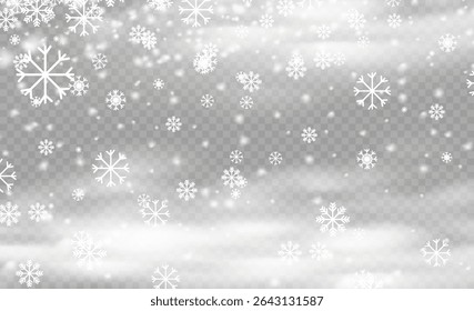 Magic snowflake storm with night glitter and abstract shine. Christmas snow overlay with hurricane wind and defocused flakes. New year transparent weather background png.