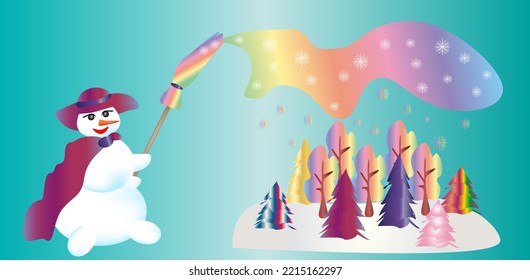 magic snowman paints a forest of bright colors