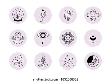 Cubiertas mágicas destacadas en medios sociales. Conjunto de simples iconos boho místico de la historia, diseño mínimo de logotipo dibujado a mano bohemio. Ilustración del vector