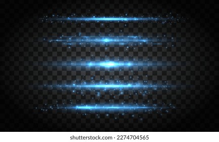 Magic soft horizontal neon lines. Set of abstract lens flares. Flash luminous blue line motion. Laser sparkle beams, glowing speed rays, sparks light effect. Luminous sparkling lined. Vector	