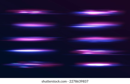 Magic soft horizontal neon lines. Set of abstract lens flares. Flash luminous blue line motion. Laser sparkle beams, glowing speed rays, sparks light effect. Luminous sparkling lined. Vector	