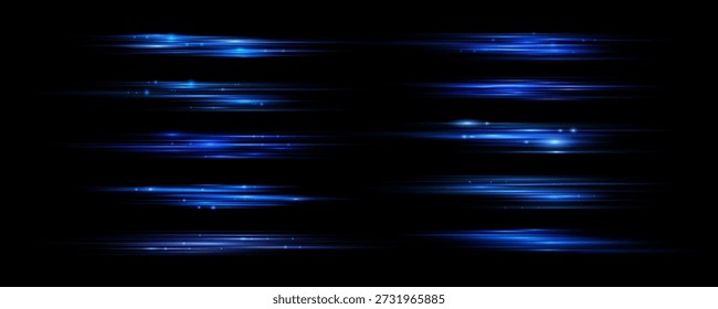 Magic soft horizontal neon lines. Set of abstract lens flares. Flash luminous blue line motion. Laser sparkle beams, glowing speed rays, sparks light effect. Luminous sparkling lined. 