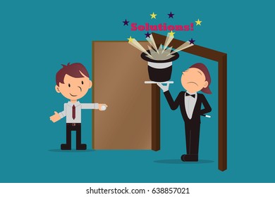 Magic solutions, business concept, executive opens the door to solving your problems