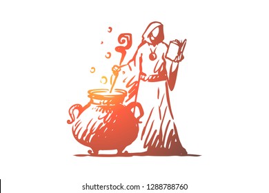 Magic, sorcerer, brew, potion concept. Hand drawn sorcerer brews a potion concept sketch. Isolated vector illustration.