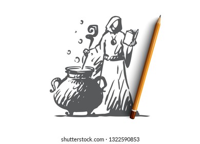 Magic, sorcerer, brew, potion concept. Hand drawn sorcerer brews a potion concept sketch. Isolated vector illustration.