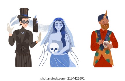 Magic and sorcery. Medium communicating with ghost and fortune teller setting on coffee grounds vector illustration