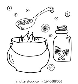 Magic, sorcery. A set of isolated elements . Vector illustration. Outline drawing: a cauldron for the potions flask.