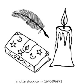 Magic, sorcery. A set of isolated elements . Vector illustration. Outline drawing: spell book, pen, candle.
