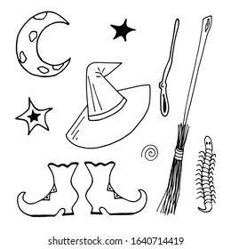 Magic, sorcery.  Vector illustration. Outline drawing: witch hat, broom, shoes, magic wand. A set of isolated elements.