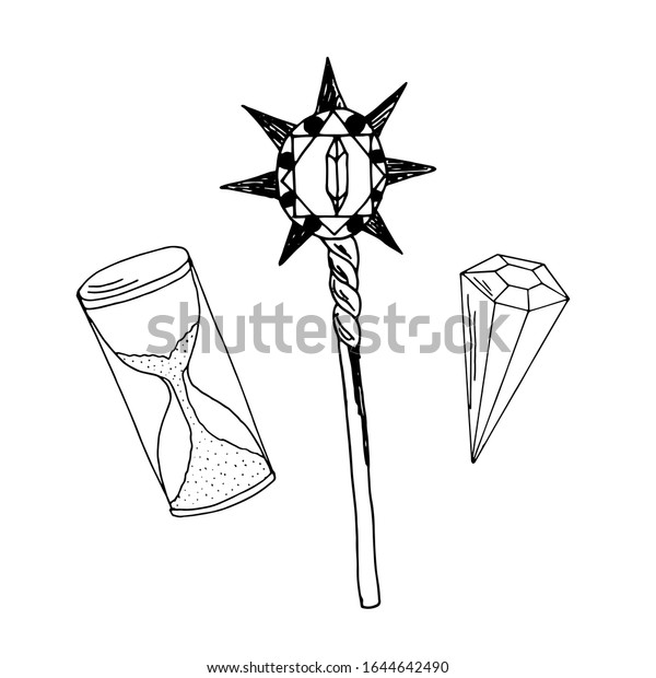 魔法魔術 魔法の杖 砂時計 水晶 ベクターイラスト 手描きの簡単な輪郭 のベクター画像素材 ロイヤリティフリー