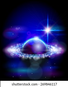 Magic Space - big star and blue planet, stars and constellations, nebulae and galaxies, lights. Vector illustration / Eps10