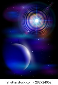Magic Space - Big Star & Blue Planet, stars and constellations, nebulae and galaxies, lights. Vector illustration / Eps10