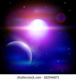 Magic Space - Big Star & Blue Planet, stars and constellations, nebulae and galaxies, lights. Vector illustration / Eps10