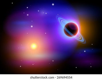 Magic Space - black planet, stars and constellations, nebulae and galaxies, lights. Vector illustration / Eps10