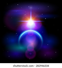 Magic Space - Blue Planet & Big Star, stars and constellations, nebulae and galaxies, lights. Vector illustration / Eps10