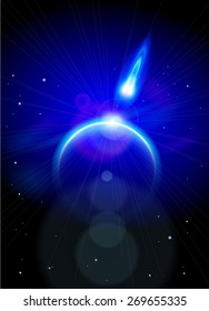 Magic Space - blue planet and flying comet, stars and constellations. Vector illustration / Eps10