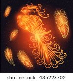 Magic space Firebird fire cock with stars. vector clipart Gold glow and glitter. Ornate Filigree. Boho zentangle line art doodle. Suitable for tattoos, body art, coloring, vintage new year design