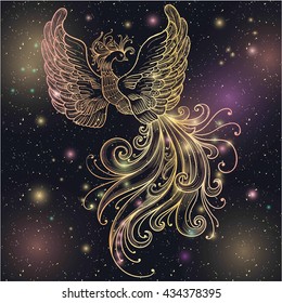 Magic space Firebird with stars vector clipart Gold glow and glitter. Ornate Filigree. Boho zentangle line art doodle. Suitable for tattoos, body art, coloring for adults and vintage design.