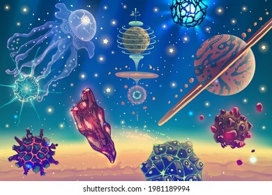 El paisaje del espacio mágico con planetas de fantasía, estrellas, sol, galaxias, asteroides, nebulosas sobre fondo del cielo cósmico azul profundo. Ilustración vectorial de cosmos muy detallada.