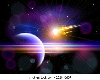 Magic Space - Large comet flying to the blue planet, planets, stars and constellations, nebulae and galaxies, lights. Vector illustration / Eps10