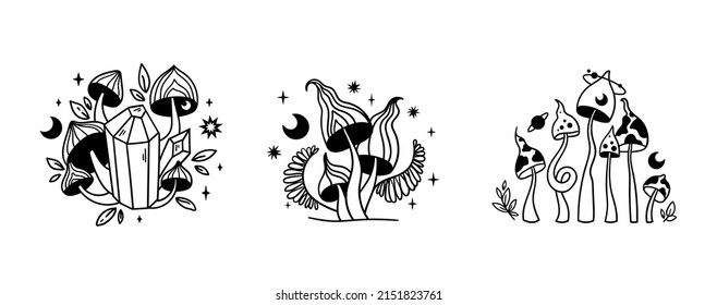 Magic space mushroom isolated clip art bundle, celestial hand drawn line mushroom compositions, mystical witchy amanita silhouettes - black and white vector illustration set