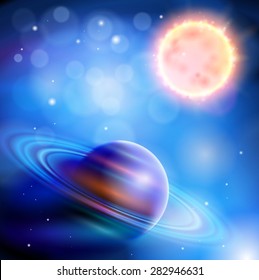 Magic Space - Planet with rings and a big star, stars and constellations, nebulae and galaxies, lights. Vector illustration / Eps10